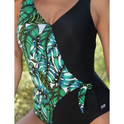 Maillot de Bain 1 pièce Gainant Noir à Motif Feuillage - Du 38 au 54