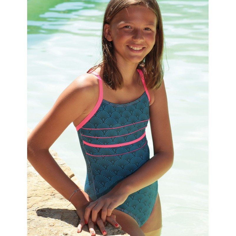 Maillot de bain 1 pièce fille, imprimé art déco, bleu et rose fluo