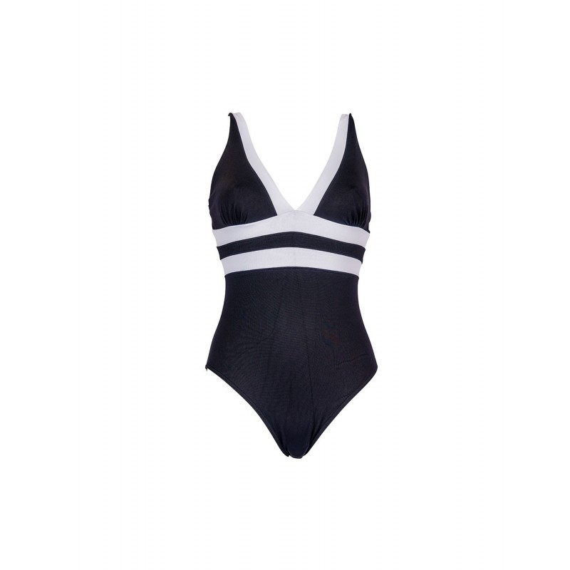 Maillot de bain 1 pièce femme décolleté V bicolore noir et blanc