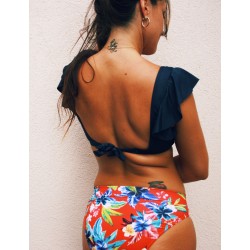 Maillot de bain 2 pièces, haut brassière bleu marine à volant et culotte taille haute imprimé floral - Tailles 34 à 46