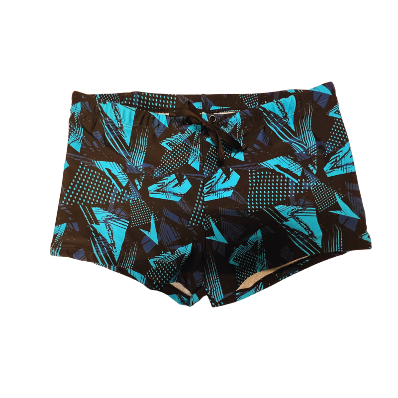 Boxer de bain homme court imprimé géométrique bleu et noir disponible de la taille T1 à T6