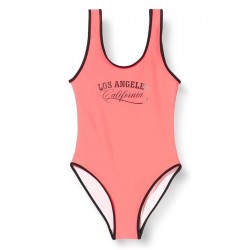 Maillot de bain 1 pièce fille uni corail fluo, Los Angeles, 6 à 16 ans