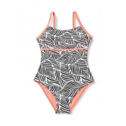 Maillot 1 pièce fille, imprimé noir et blanc, détails corail fluo, 6 à 16 ans