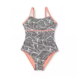 Maillot 1 pièce fille, imprimé noir et blanc, détails corail fluo, 6 à 16 ans