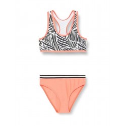 Maillot 2 pièces fille, imprimé noir et blanc, détails corail fluo, 6 à 16 ans