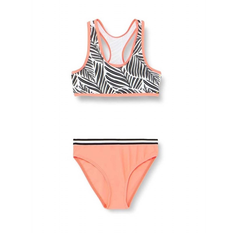 Maillot 2 pièces fille, imprimé noir et blanc, détails corail fluo, 6 à 16 ans