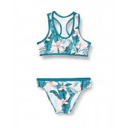 Maillot 2 pièces fille imprimé tropical bleu pétrole, 6 à 16 ans