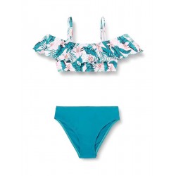 Maillot 2 pièces fille brassière à volant imprimé tropical bleu pétrole, 6 à 16 ans