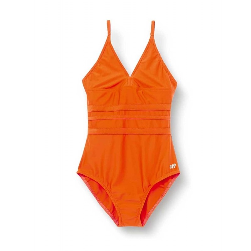 Maillot 1 pièce fille uni corail foncé fluo, 6 à 16 ans - Gamme mère-fille