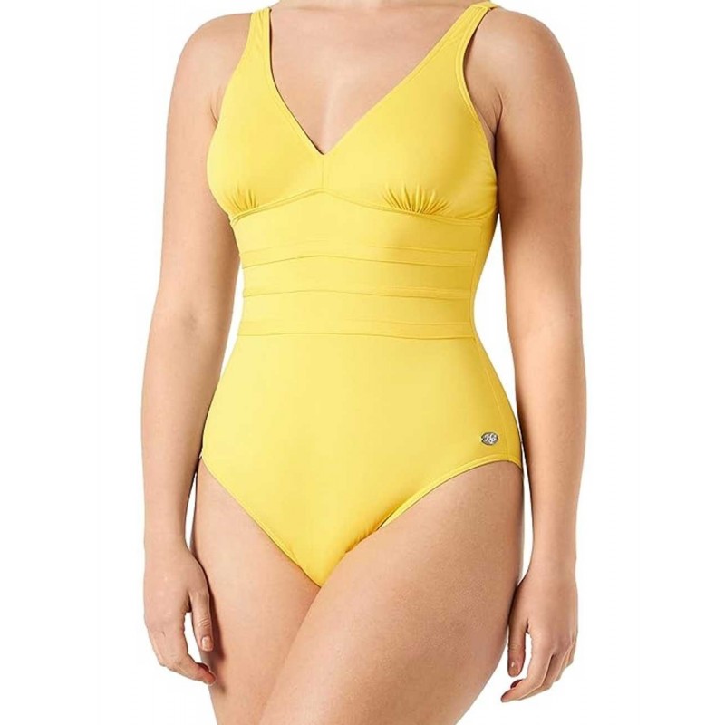 Maillot 1 pièce décolleté V uni jaune, tailles 36 à 46