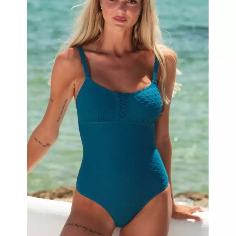 Maillot 1 pièce sculptant uni bleu pétrole, bretelles réglables - Bonnet C - 36 au 52