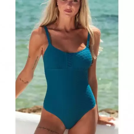 Maillot 1 pièce sculptant uni bleu pétrole, bretelles réglables - Bonnet C - 36 au 52