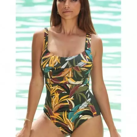 Maillot de bain une pièce gainant tropical kaki bonnet C du 38 au 52