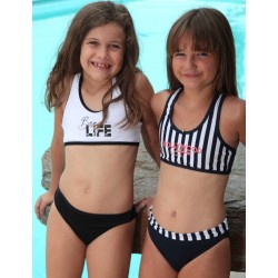 2 pièces fillette, brassière dos nageur rayé marine et blanc & shorty - 2 au 8 ans