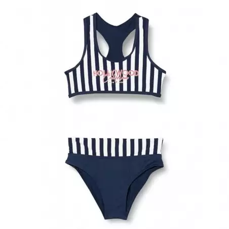 2 pièces fillette, brassière dos nageur rayé marine et blanc & shorty - 2 au 8 ans