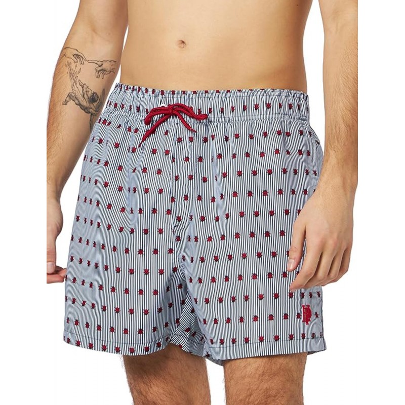 Boardshort homme rayé bleu et blanc imprimé coccinelles, tailles S-XXL