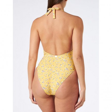 Maillot 1 pièce échancré décolleté V, jaune à fleurs –  du 36 au 46