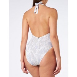 Maillot 1 pièce décolleté V, gris imprimé tropical blanc – du 36 au 46