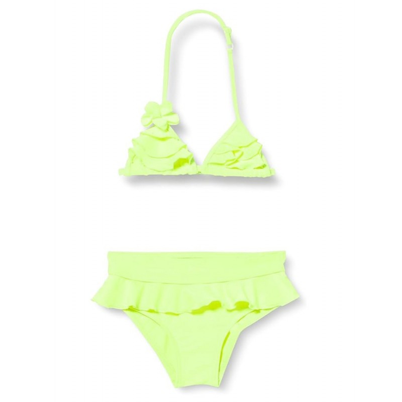 Maillot 2 pièces fillette jaune fluo détail fleur 2-8 ans