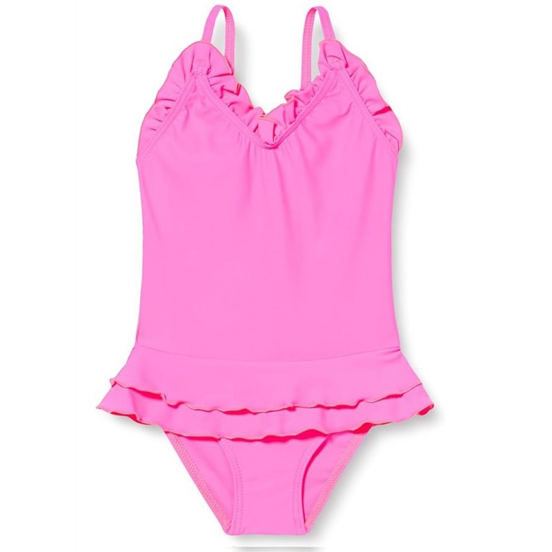 Maillot 1 pièce fillette rose fluo à volants 2-8 ans