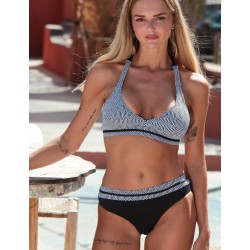 Maillot bikini noir & blanc imprimé graphique,  haut triangle et culotte à revers, bonnet C, taille 36 à 46