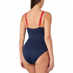 Maillot de bain 1 pièce gainant marin chic, décolleté plongeant uni marine bordé de rouge, taille 36 à 48