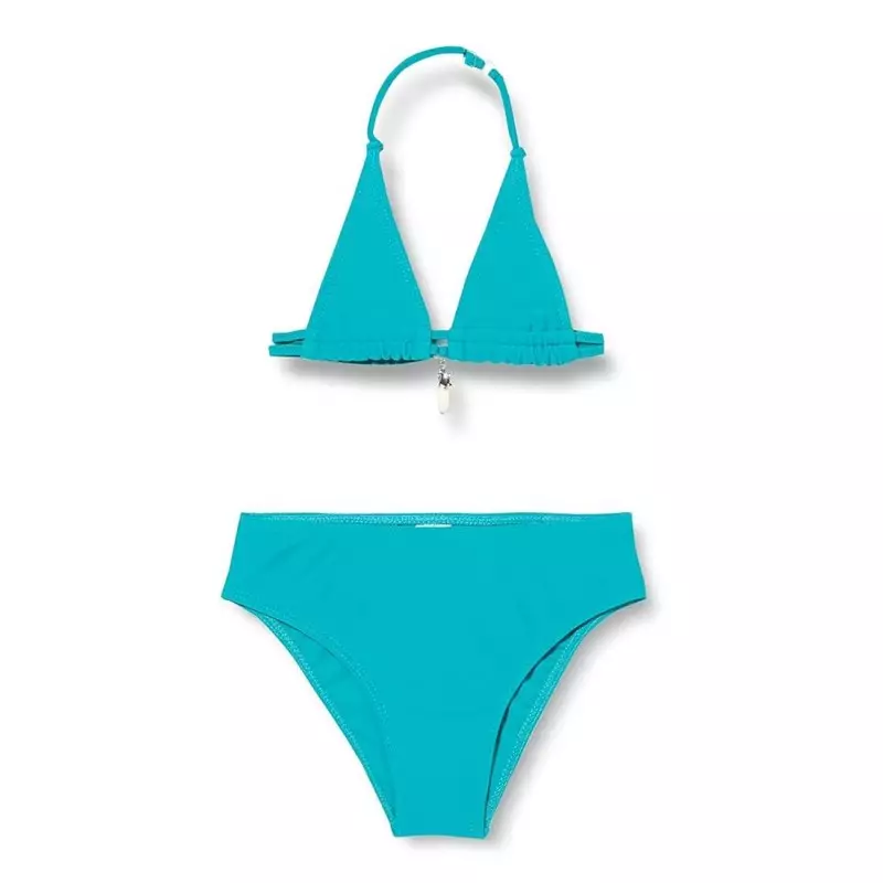 Maillot 2 pièces fille vert émeraude, haut triangle bijoux, culotte classique, 6 à 16 ans