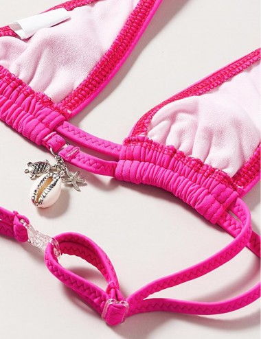 Maillot de bain 2 pièces fille rose, haut triangle bijoux, culotte classique, 6 à 16 ans - Détails