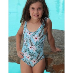 Maillot de bain 1 pièce fille imprimé floral fond bleu ciel, 6 à 16 ans