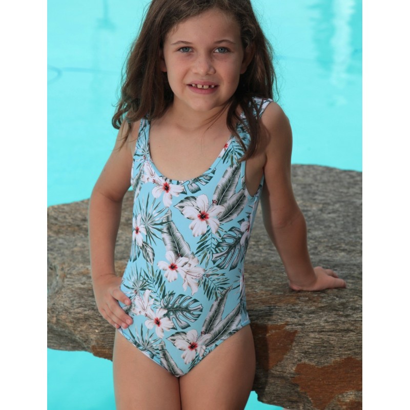 Maillot de bain 1 pièce fille imprimé floral fond bleu ciel, 6 à 16 ans