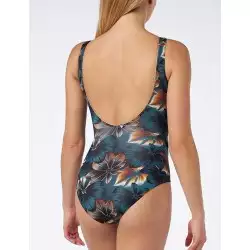 Maillot de bain 1 pièce gainant vert floral liseré or avec nœud - Du 38 au 54