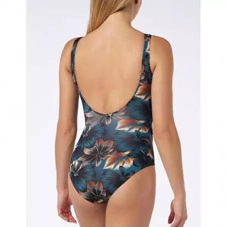 Maillot de bain 1 pièce gainant vert floral liseré or avec nœud - Du 38 au 54