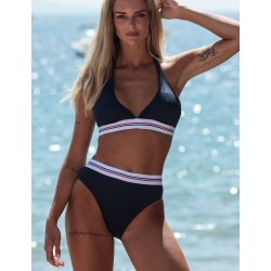 Bikini marine haut triangle, culotte classique, galons rouge & blanc, bonnet C - 36 à 46