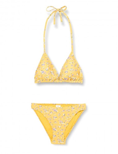 Maillot 2 pièces jaune motif floral haut triangle culotte classique,, taille 34 à 46