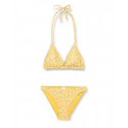 Maillot 2 pièces jaune motif floral haut triangle culotte classique,, taille 34 à 46