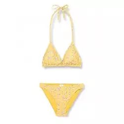 Maillot 2 pièces jaune motif floral haut triangle culotte classique, tailles 34 à 46