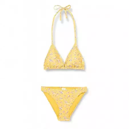 Maillot 2 pièces jaune motif floral haut triangle culotte classique, tailles 34 à 46