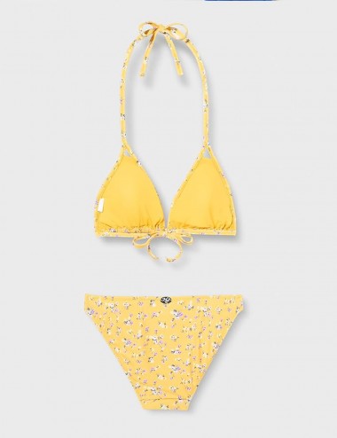 Maillot 2 pièces jaune motif floral haut triangle culotte classique,, taille 34 à 46