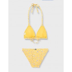 Maillot 2 pièces jaune motif floral haut triangle culotte classique,, taille 34 à 46