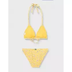 Maillot 2 pièces jaune motif floral haut triangle culotte classique, tailles 34 à 46