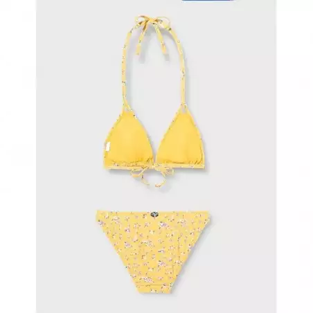 Maillot 2 pièces jaune motif floral haut triangle culotte classique, tailles 34 à 46