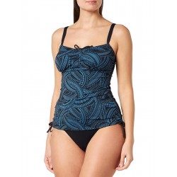 Ensemble tankini, top noir imprimé mandala bleu, culotte haute - taille 36 à 52