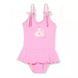 Maillot 1 pièce fillette rose motif cygne et volant - 2 au 8 ans