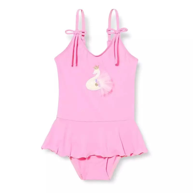 Maillot 1 pièce fillette rose motif cygne et volant - 2 au 8 ans