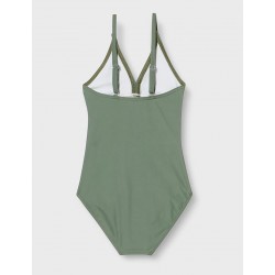 Maillot 1 pièce fillette uni kaki décolleté V - 2 au 8 ans