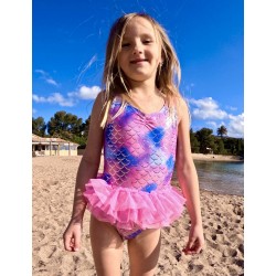 Maillot 1 pièce fillette imprimé écaille de poisson  couleur arc en ciel détails volant rose - 2-8 ans