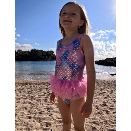Maillot 1 pièce fillette imprimé écaille de poisson couleur arc en ciel détails volant rose - 2-8 ans