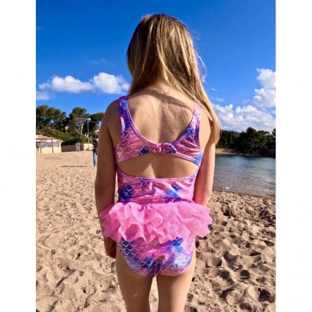 Maillot 1 pièce fillette imprimé écaille de poisson couleur arc en ciel détails volant rose - 2-8 ans