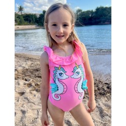 Maillot 1 pièce fillette rose imprimé licorne détails volant rose - 2-8 ans