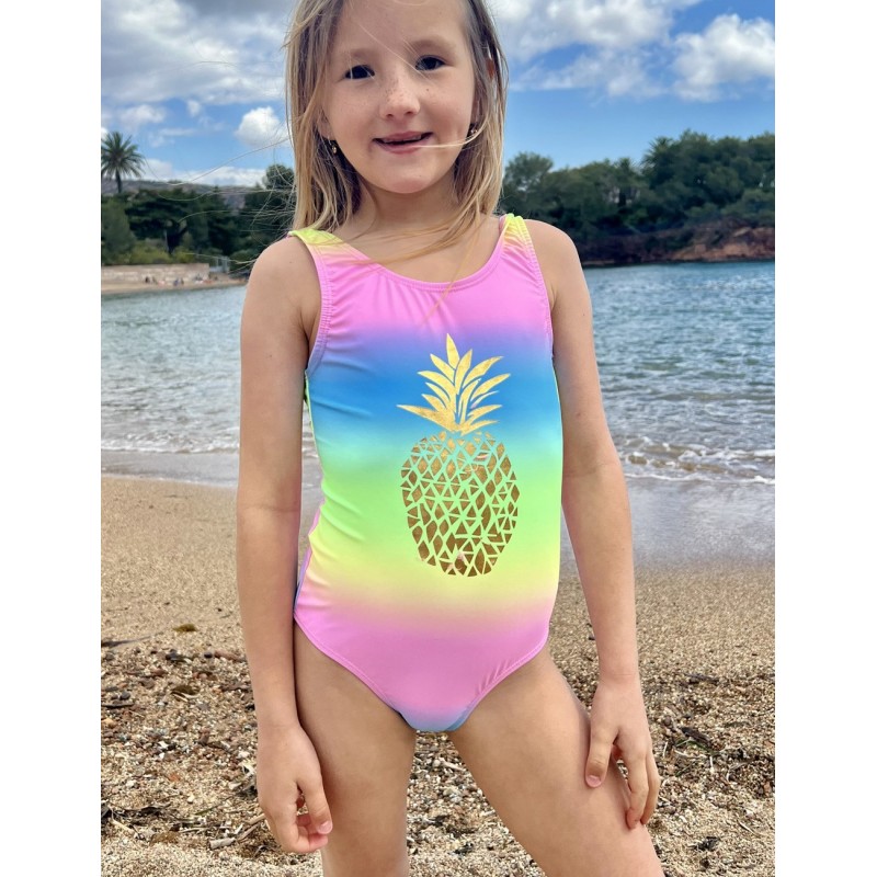 Maillot 1 pièce fillette rose imprimé arc en ciel avec motif ananas doré du 8 au 14 ans